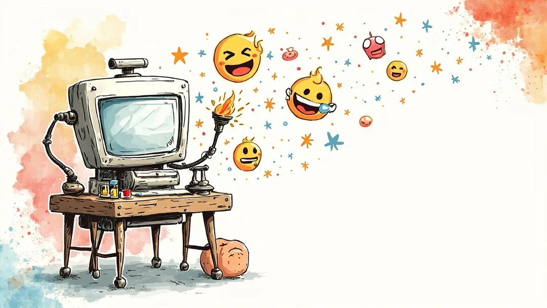 Hand-drawn studio illustration of AI generating emoji